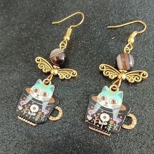 Cute Kawaii cat coffee mug gold dangle earrings with brown agate beads new